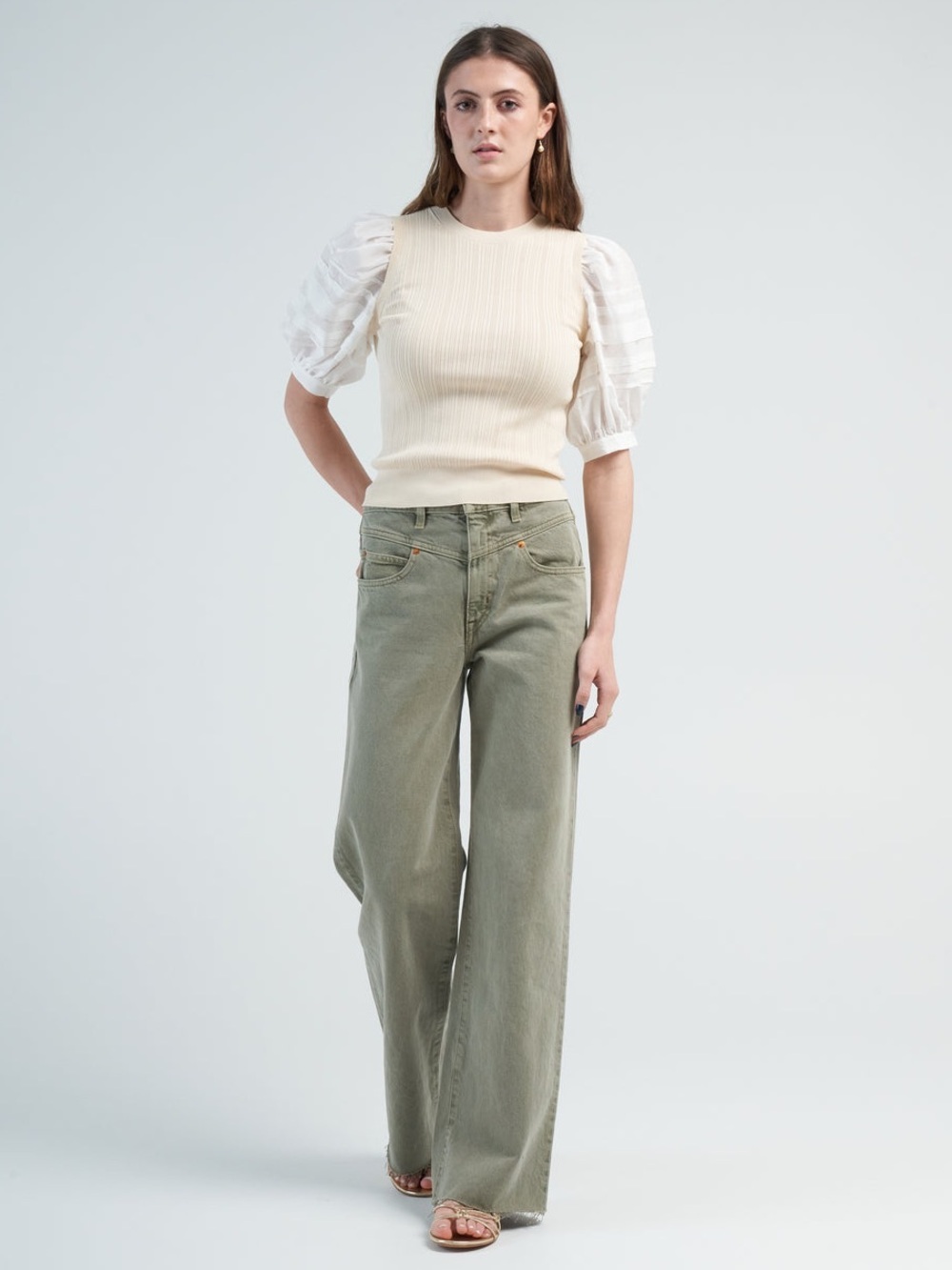 New! SLVRLAKE Grace Double Yoke Olive Green Wide-Leg Raw Hem Jeans 🌿 sz 27